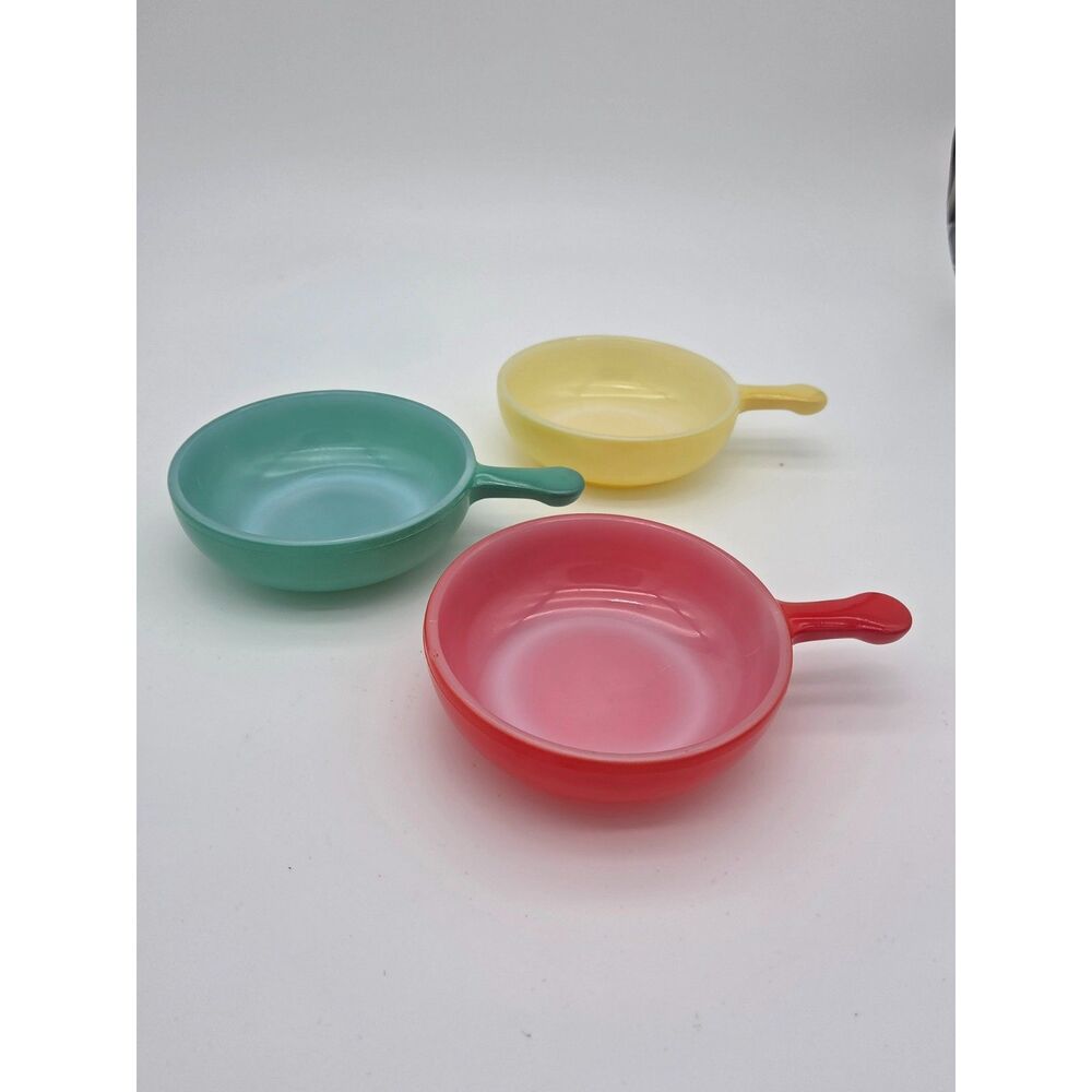 Vintage Glasbake Handled Soup Bowls J2057 Set of 3 Primary Colors